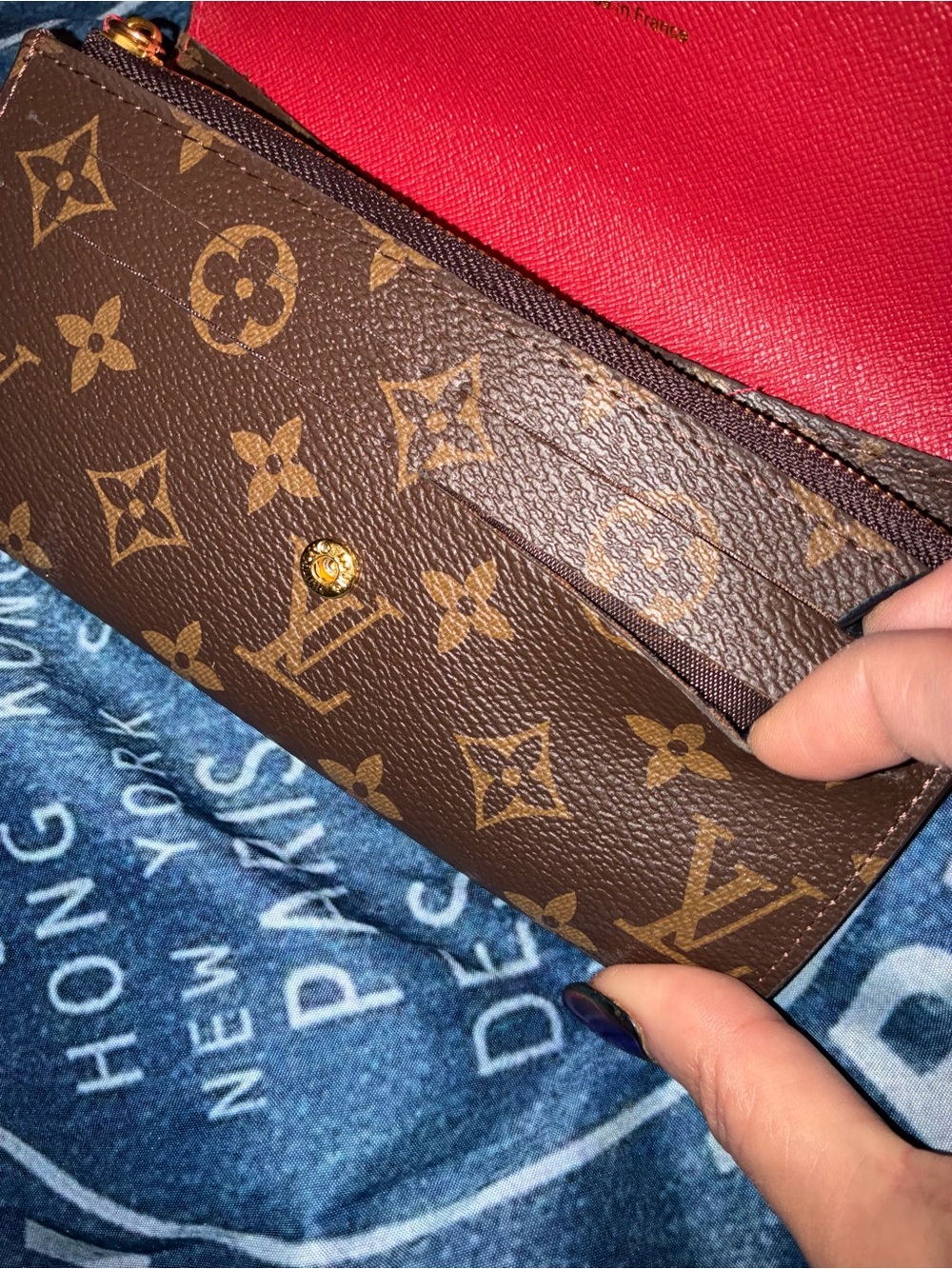 Louis Vuitton Brown Monogram Wallet with Red Snap Button - Picture 5 of 6